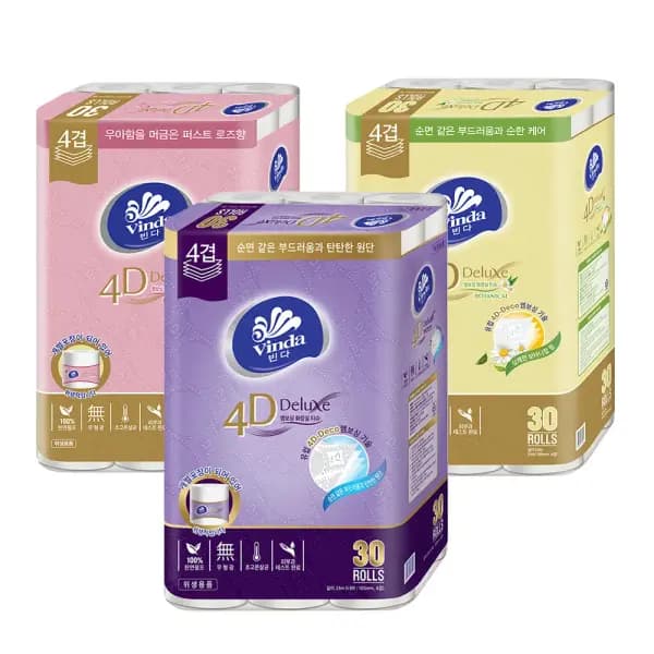 빈다 4D Deluxe 엠보싱 4겹 천연펄프 롤화장지 30롤 2팩
