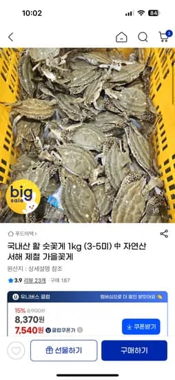 국내산 활 숫꽃게 1kg (3-5미) 中 자연산 서해 제철 가을꽃게 1kg