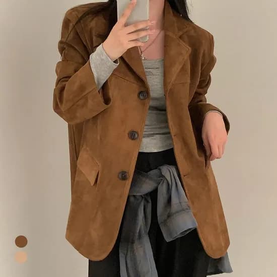 카라 여성 루즈핏 미디 스웨이드자켓