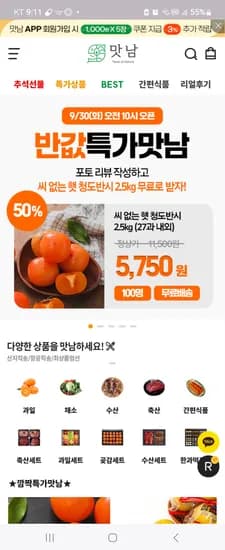 자연맛남 씨 없는 햇 청도반시 2.5kg