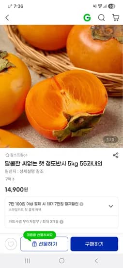 달콤한 씨없는 햇 청도반시 5kg 55과내외