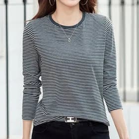 나바바 캐주얼 얇은 단가라 라운드넥 긴팔 티셔츠