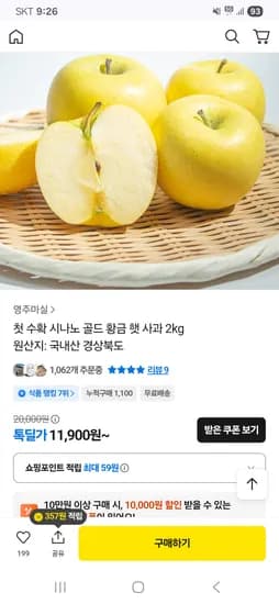 첫 수확 시나노 골드 황금 햇 사과 2kg 12~14과