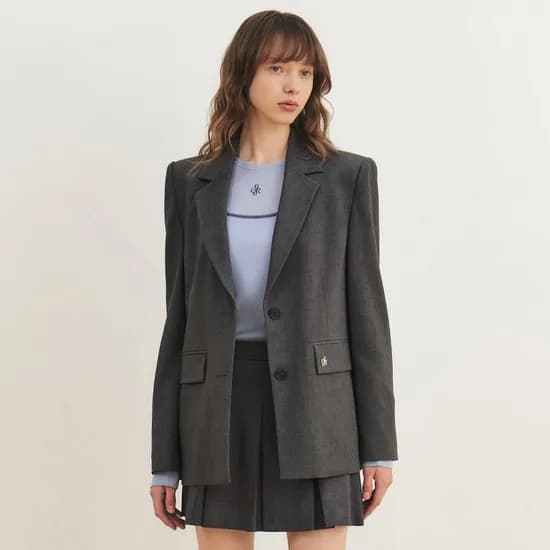 울 루즈핏 사선 절개 싱글 자켓