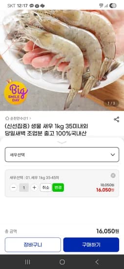 국내산 생물새우 1KG 35미내외