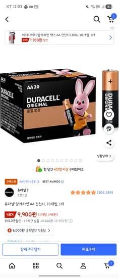 듀라셀 알카라인 AA 건전지 20개입