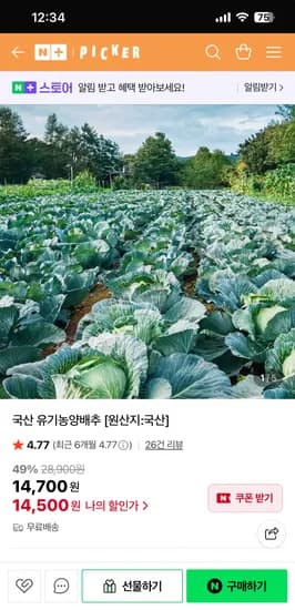 픽커 국내산 유기농 양배추 7통 15kg이상