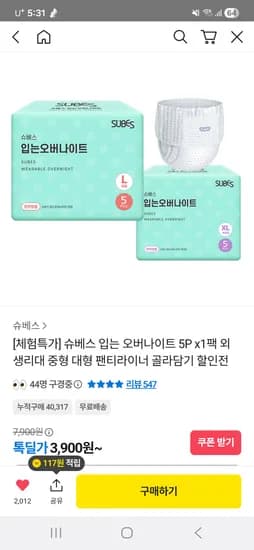 슈베스 생리대 체험팩 대형 12개입 2팩 외 다양