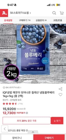 칠레산 세척 냉동 블루베리 2kg
