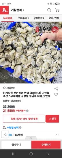 통영산 생굴 2kg 중~대사이즈