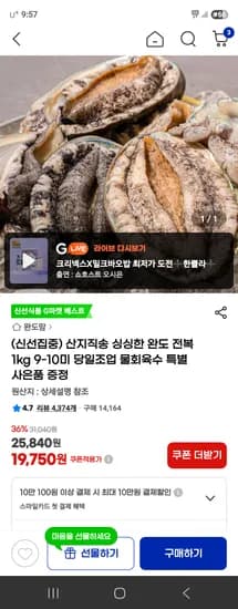 완도 전복 1kg 9-10미