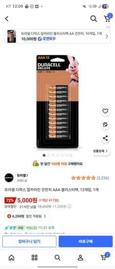 듀라셀 디럭스 알카라인 건전지 AAA 블리스터팩 12개입