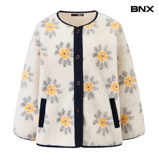 플라워 부클 노카라 플리츠 자켓