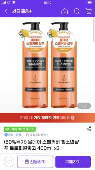 쿤달 올데이 스멜커버 청소년샴푸 400ml 2개