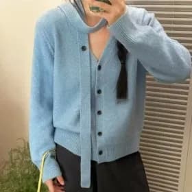 울 브이넥 벨트 머플러 가디건 4컬러 1+1