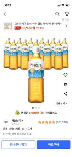 웅진 하늘보리 1L 12개