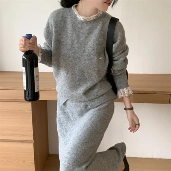라운드 넥 스웨터 스커트 세트