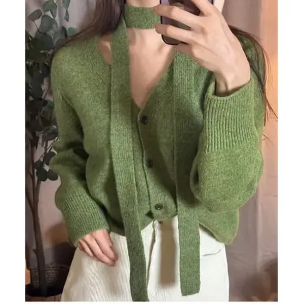 울가디건 머플러셋트 벨트 4컬러 브이넥넥가디건