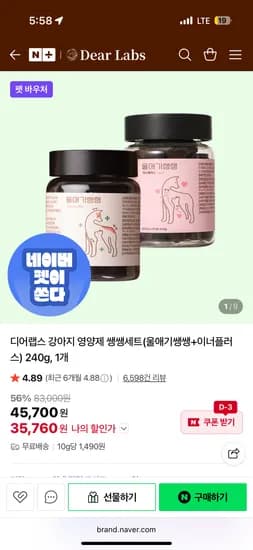 디어랩스 강아지 영양제 쌩쌩세트 240g