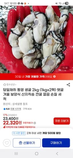 통영 생굴 1kgX2팩