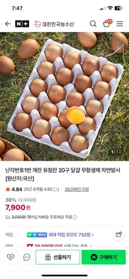 대한민국농수산 난각1번 계란 20구 7900원