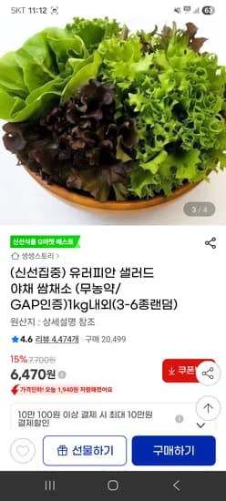 샐러드 야채 쌈채소 무농약 1kg