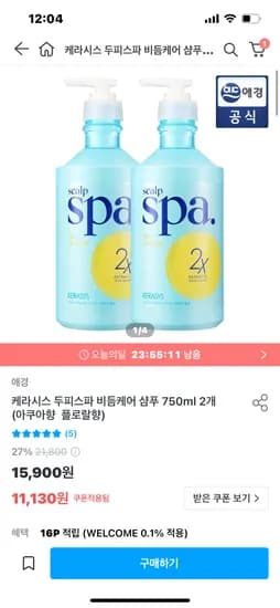 애경 케라시스 두피스파 비듬케어 샴푸 750ml 2개