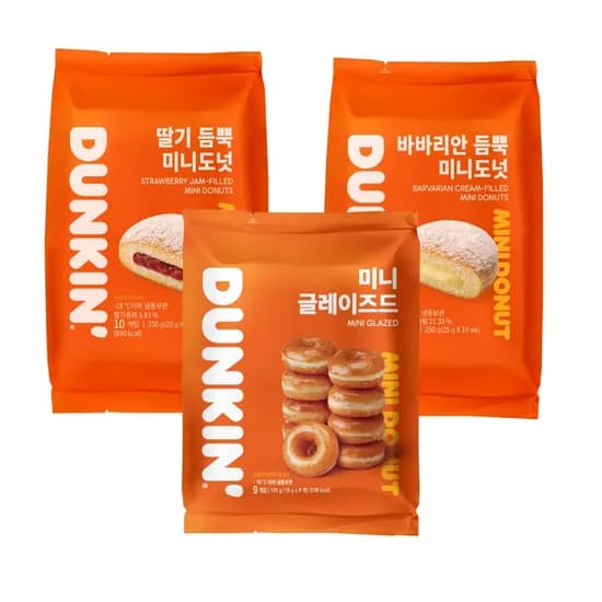 던킨 미니도넛 딸기 듬뿍 135g 1팩 바바리안 250g 1팩 글레이즈드 250g 1팩 3팩