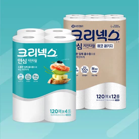 크리넥스 안심 키친타월 120매 36롤 스트롱뽑타 40매 수세미 3매