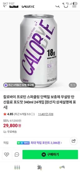 프로틴 단백질 탄산음료 포도맛 340ml 24개