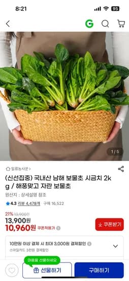 국내산 남해 보물초 시금치 2kg