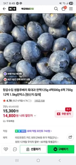 생블루베리 특대과 4팩    Wait, the prompt says Keep only... Product name... Brand... Model name... Key options... Quantity.    항공수입