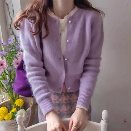 앙고라 앤퍼프 진주버튼 가디건
