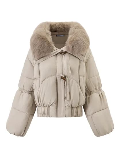 하이넥 퍼 배색 더플 버튼 패딩 점퍼