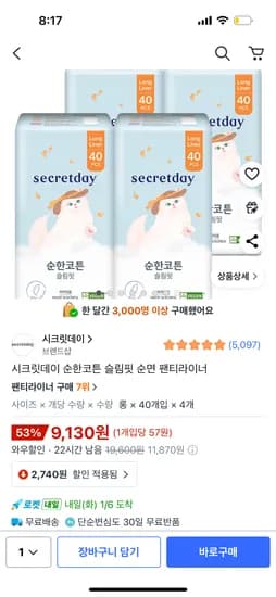 시크릿데이 순한코튼 슬림핏 순면 롱 팬티라이너 40개입 4팩