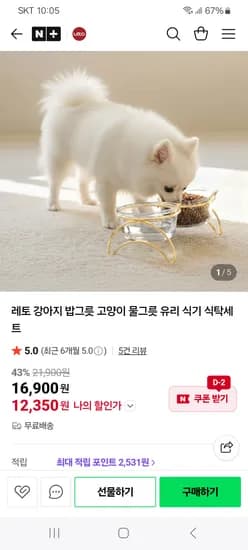 레토지엠에스 강아지 밥그릇 고양이 물그릇 유리 식기 식탁세트