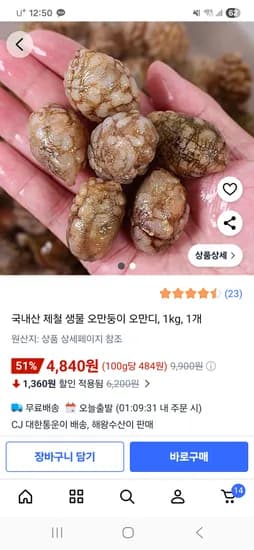 국내산 생물 오만둥이 1kg