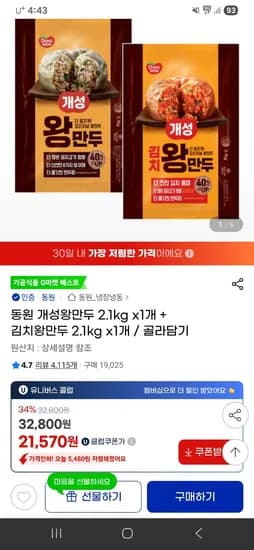 동원 개성왕만두 2.1kg 1개 김치왕만두 2.1kg 1개