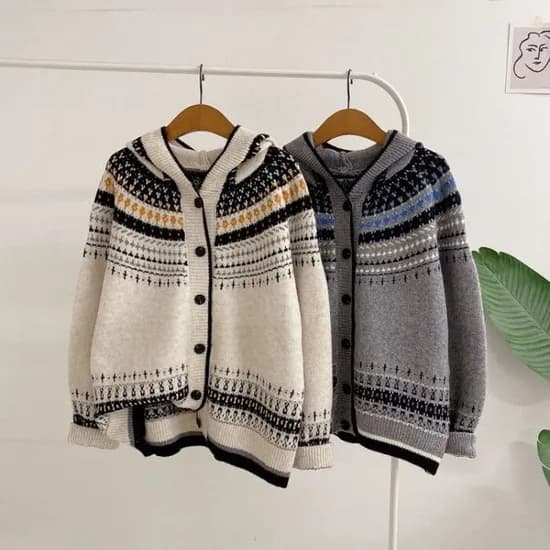 허니제이 숄디 노르딕 패턴 후드 버튼 가디건