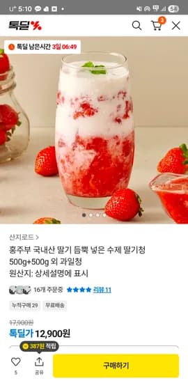 홍주부 국내산 수제딸기청 500g+500g