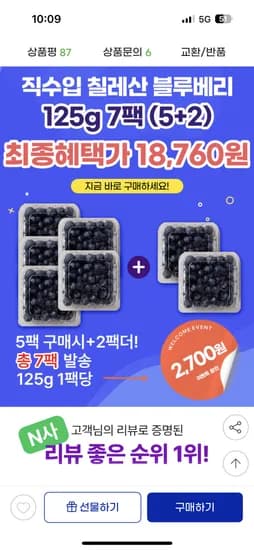 생 블루베리 칠레산 125g 7팩