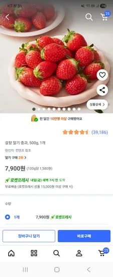 쿠팡프레시 설향 딸기 중과, 500g, 1개 7900원