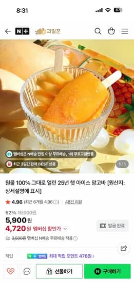 과일꾼 아이스 망고바 60g 10개