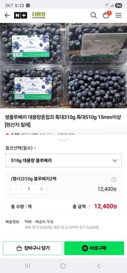 생블루베리 특과 15mm 이상 310g 2팩 620g