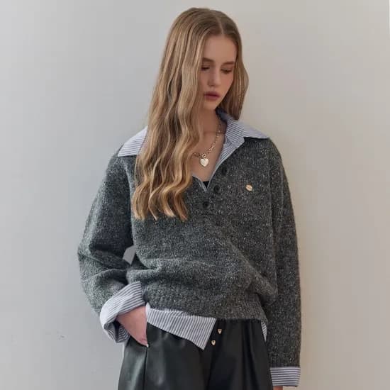 마쟈 스트라이프 셔츠 레이어드 브이넥 니트