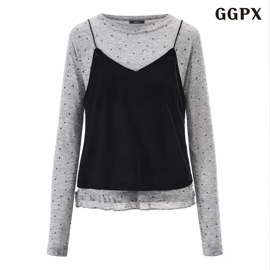 브이넥 뷔스티에 도트 긴팔 세트 티셔츠