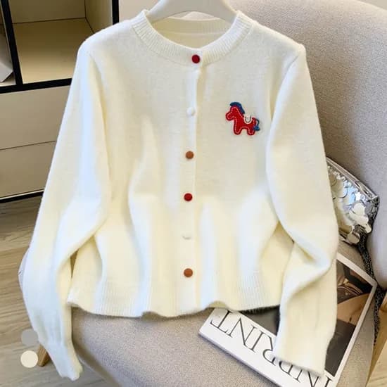 포니 배색 라운드 가디건