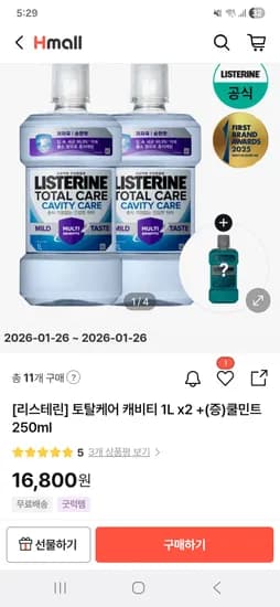 리스테린 토탈케어 캐비티 1L 2개 쿨민트 250ml