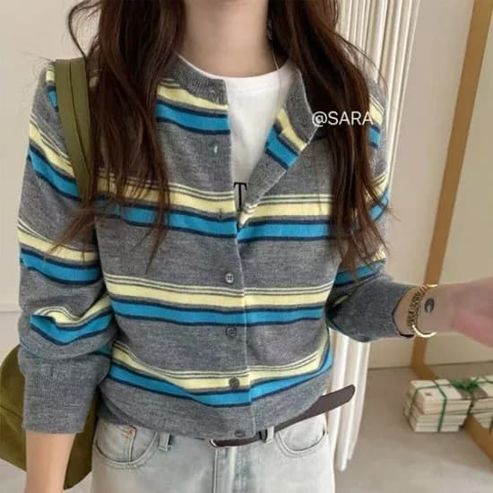 봄 라운드 니트 가디건 줄무늬 스트라이프