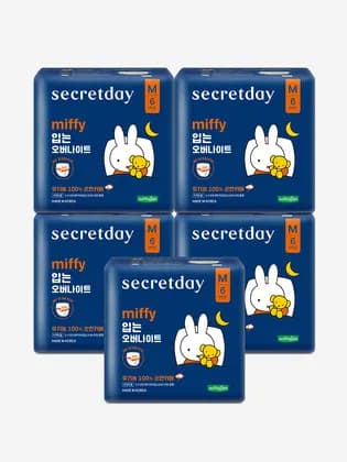 시크릿데이 생리대 미피 입는오버나이트 중형 유기농커버 6P 5팩
